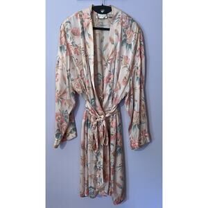 Vintage Victoria’s Secret Gold Label Silk Robe Kimono Short Floral Pink Belt M/L